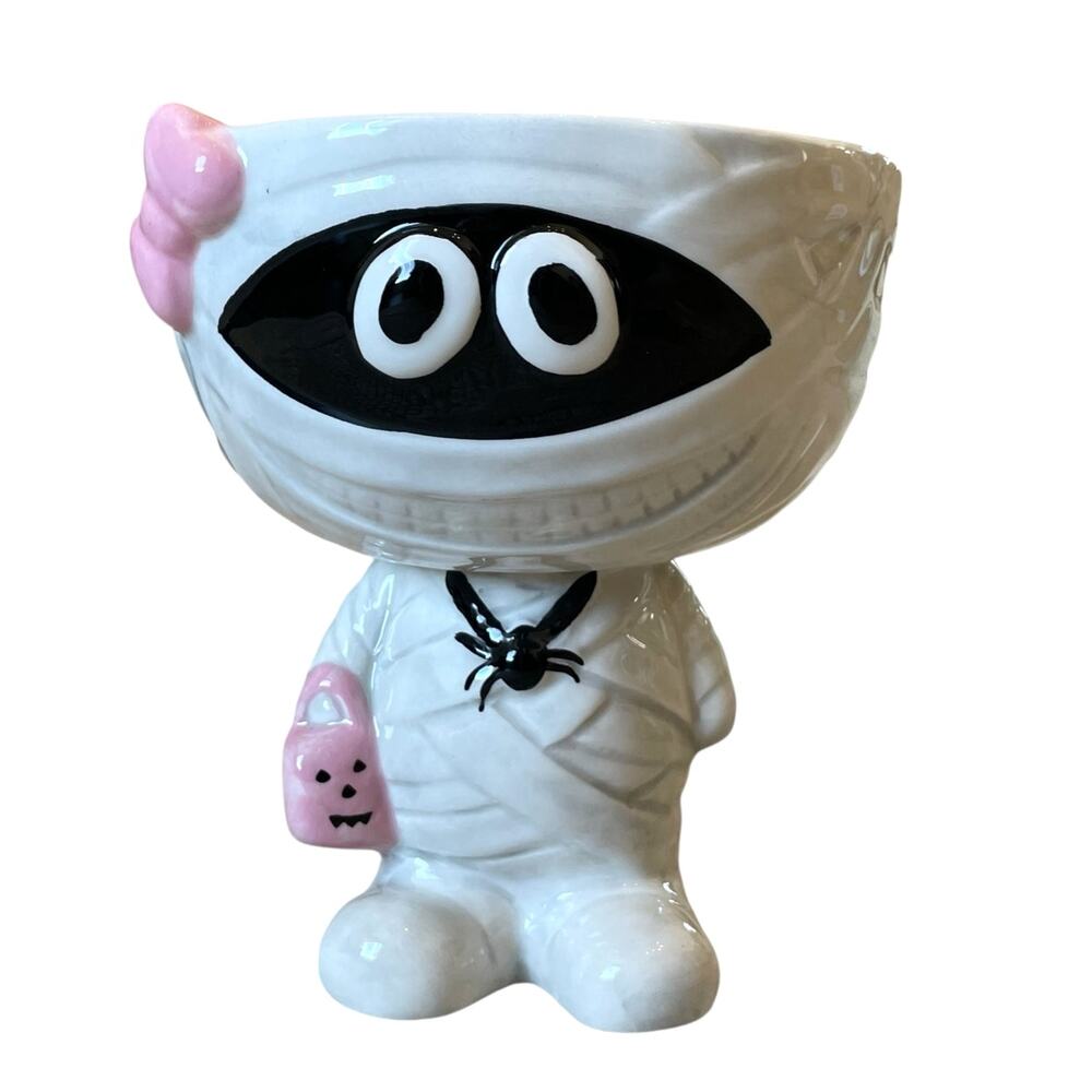 Goblin & Ghoul PINK Halloween Mummy Girl w/ Bow Ceramic Candy Bowl Dish NEW